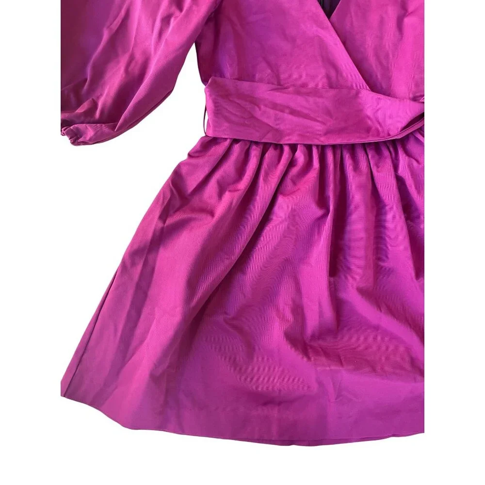 LaRoque Emma Small Puff Sleeve Mini Dress Magenta Fuchsia Cotton V-Neck Tie Wais - Picture 2 of 10